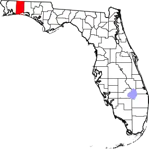 Map of the state of Florida, showing location of Okaloosa County