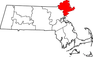 Map of Massachusetts highlighting Essex County