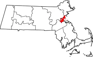 Map of Massachusetts highlighting Suffolk County