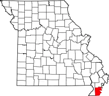 A state map highlighting Pemiscot County in the southeastern corner of the state.