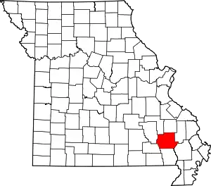 Map of Missouri highlighting Wayne County