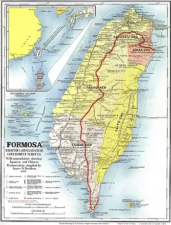 Image 401901 map with red line marking approximate boundary separating territory under actual Japanese administration from "Savage District" (from History of Taiwan)