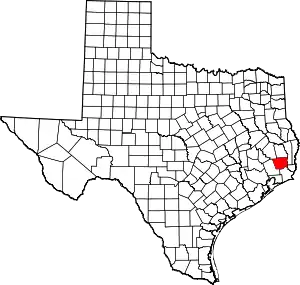 Map of Texas highlighting Hardin County