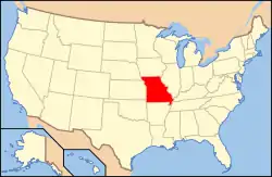 Map of the United States, showing the location of Missouri in red. Missouri is roughly in the center of the United States, south of Iowa, West of Illinois, Kentucky, and Tennessee, North of Arkansas, and East of Kansas, Nebraska, and Oklahoma.