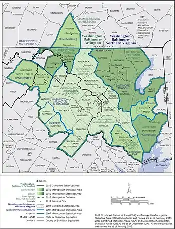 Map of the Washington-Baltimore-Arlington, DC-MD-VA-WV-PA Combined Statistical Area.