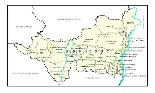 Map of Hooghly district showing CD blocks and municipal areas