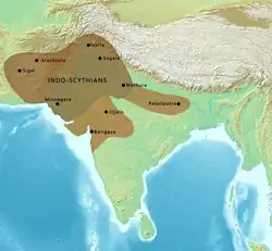 Territories and expansion of the Indo-Scythians at their greatest extent, including territories of the Northern Satraps and Western Satraps.