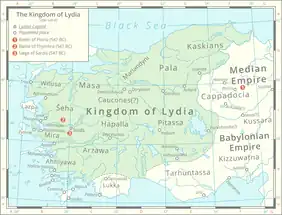 Image 37Map of the Lydian Kingdom in its final period of sovereignty under Croesus, c. 547 BC. (from History of Turkey)