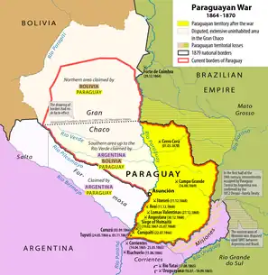 Image 21Paraguay after the war with main battle sites (in yellow). Gran Chaco not included as it was still a disputed territory. (from History of Paraguay)