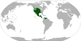 Maximum extent of the Viceroyalty of New Spain. The areas in light green were territories claimed but not controlled by New Spain.