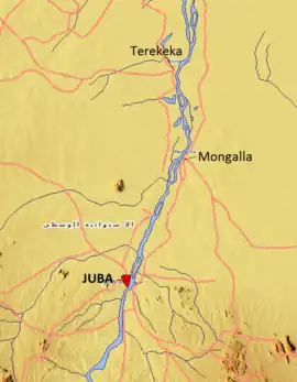 Map showing location of Mongalla in relation to the South Sudanese capital of Juba