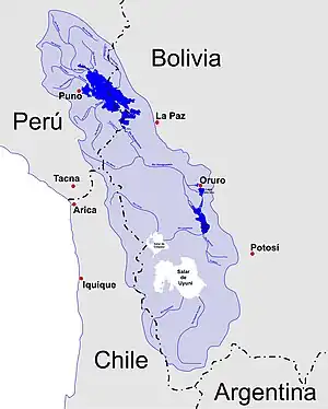 Altiplano drainage basin overlaid on present Peru, Bolivia, Chile and Argentina