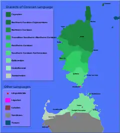 Linguistic map of Corsica and northern Sardinia