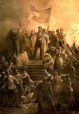 Image 1Artist Mihály Zichy's rendition of Sándor Petőfi reciting the Nemzeti dal (national anthem) to a crowd on 15 March 1848. (from History of Hungary)