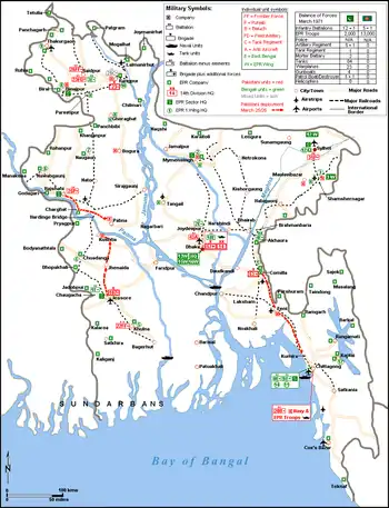 Location of Bengali and Pakistani military units during Operation Searchlight