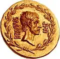 Aureus of Marcus Junius Brutus, whose portrait is surrounded by a laurel wreath