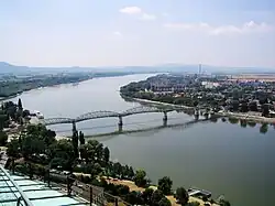 Landscape of the town with Mária Valéria Bridge over the Danube as seen from the Esztergom Basilica