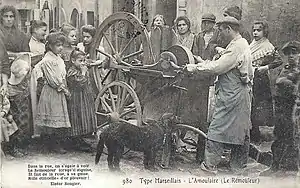 "Travelling" scissors grinder with grinding cart in Marseille, early 20th c.