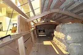 The inside of a 'maruko-bune' cargo boat. An exhibit at the Lake Biwa Museum, Shiga Prefecture, Japan.