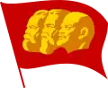 Flag featuring the "Three Heads" of Karl Marx, Friedrich Engels, and Vladimir Lenin