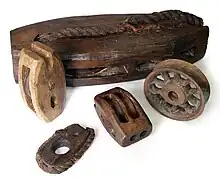 Various types of blocks of both wood and metal found on the 16th century ship Mary Rose