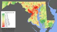 Image 23Maryland population distribution map; Maryland's population is concentrated mostly in the Washington–Baltimore combined statistical area. (from Maryland)