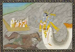 Matsya-avatara of Lord Vishnu pulls Manu's boat after having defeated the demon