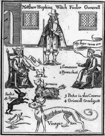 An English manual on witch-hunting (1647), showing a witch with her familiar spirits