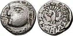 Coin of King Iśanavarman of the Maukhari of Kannauj, successors of the Guptas in the Gangetic region. Circa 535-553 CE. The ruler faces to the left, whereas in Gupta coinage the ruler faces to the right. This is possibly a symbol of antagonism and rivalry, as also seen on some similar coins of Toramana. of