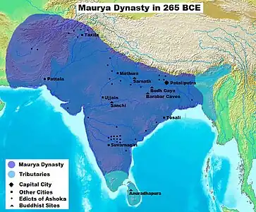 Pataliputra as a capital of Maurya Empire. The Maurya Empire at its largest extent under Ashoka the Great.