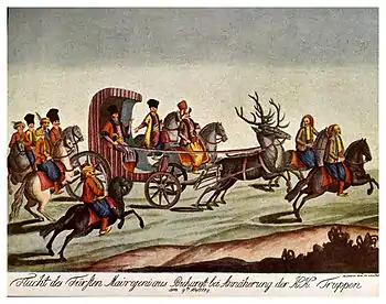 Painting of people traveling on horseback and in a carriage drawn by stags