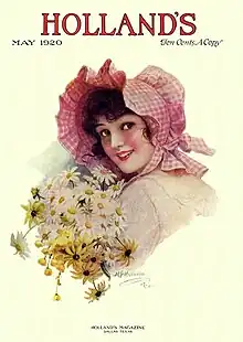 The word "Holland's" is in red text, centered near the top of the magazine.  The next line says, "May 1920 Ten Cents a Copy". Below that is an illustration of a woman in a red and white checked bonnet holding a bouquet of yellow and white daisies and looking over her left shoulder at the viewer. At the bottom are the words, "Holland's Magazine, Dallas Texas."