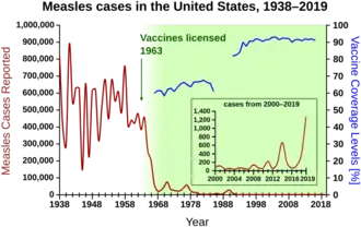 Cases of measles from 1938 to 1963 followed a highly variable epidemic pattern, with 150,000–850,000 cases reported per year. A sharp decline followed after the introduction of the first measles vaccine in 1963, with fewer than 25,000 cases reported in 1968. Outbreaks around 1971 and 1977 gave 75,000 and 57,000 cases, respectively. Cases were stable at a few thousand per year until an outbreak of 28,000 in 1990. Cases declined from a few hundred per year in the early 1990s to a few dozen in the 2000s.