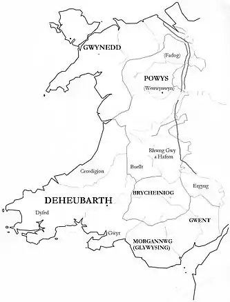 Image 14Medieval kingdoms of Wales shown within the boundaries of the present day country of Wales and not inclusive of all (from History of Wales)