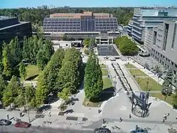 Mel Lastman Square, as seen from a building across Yonge Street, with the North York Civic Centre in the background