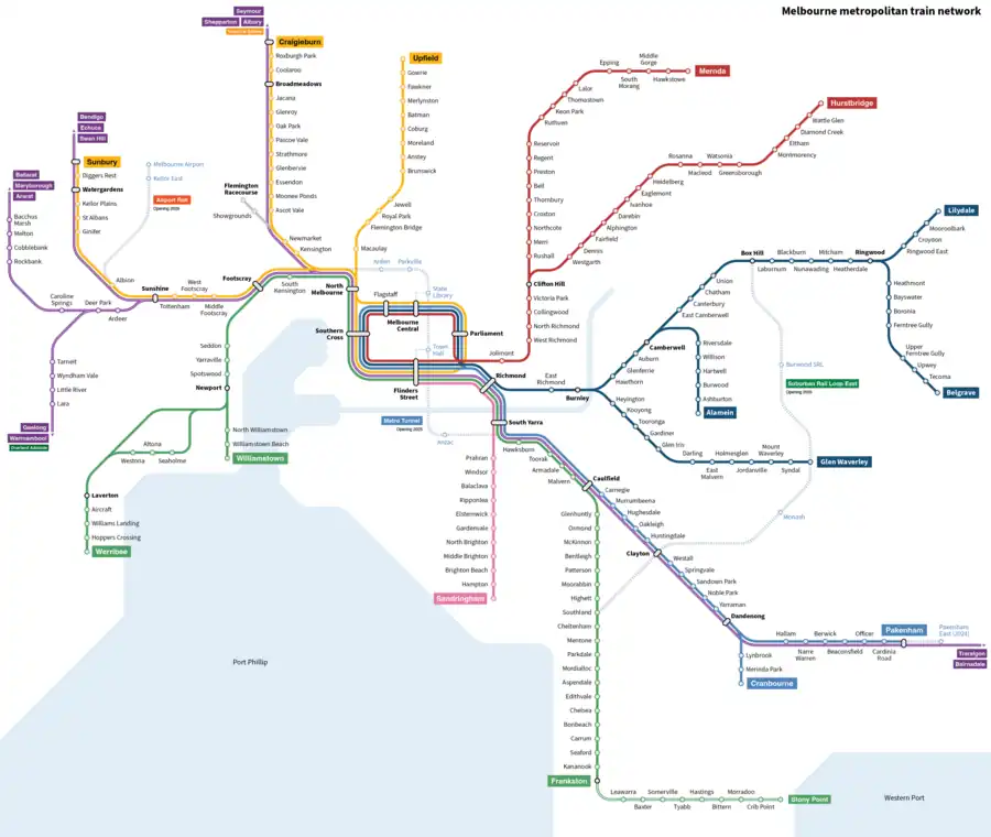 Map of the Melbourne rail network, metropolitan train network, with the Airport link and Metro Tunnel shown as dashed lines.