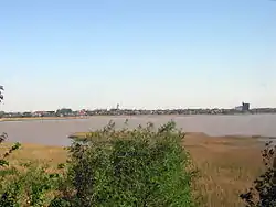 Lake Rusanda with village Melenci in Vojvodina