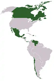 A grey map of north and south America with the countries that participated in green.