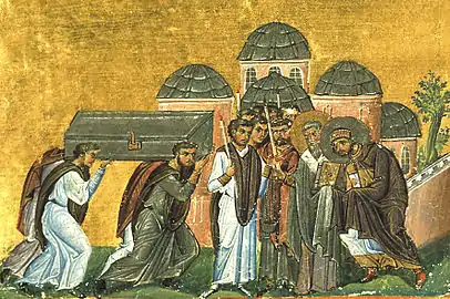 St. Theodosius the Younger welcomes the relics of John Chrysostom.