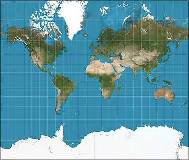 Image 9Mercator projectionMap: Strebe, using GeocartThe Mercator projection is a cylindrical map projection presented by the Flemish geographer and cartographer Gerardus Mercator in 1569. Because it represents paths of constant course as straight lines, it long served as the standard map projection for nautical purposes. However, it distorts the size of objects as the latitude increases: thus areas in the mid-latitudes appear significantly larger than their actual size relative to those the equator, and those near the poles are even more exaggerated. Most modern atlases no longer use the Mercator projection for world maps or for areas distant from the equator, preferring other cylindrical projections, or forms of equal-area projection.More selected pictures