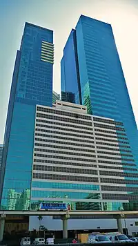 From the north; the JW Marriott Marquis Miami (left), and the Wells Fargo Center (right).