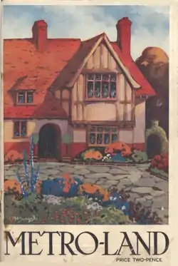  A painting of a half-timbered house set behind a drive and flower garden. Below the painting the title "METRO-LAND" is in capitals and in smaller text is the price of twopence.