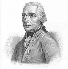 Black-and-white print shows a clean-shaven white-haired man in a white military uniform. He is shown standing from head to waist.