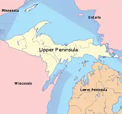 This map shows the Upper Peninsula of Michigan as a pale yellow.