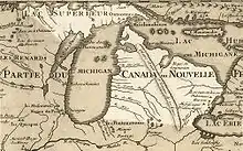 Image 15Michigan in 1718, Guillaume de L'Isle map, approximate state area highlighted (from History of Michigan)