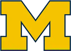 A blue block M with maize-colored borders and the word Michigan across the middle.