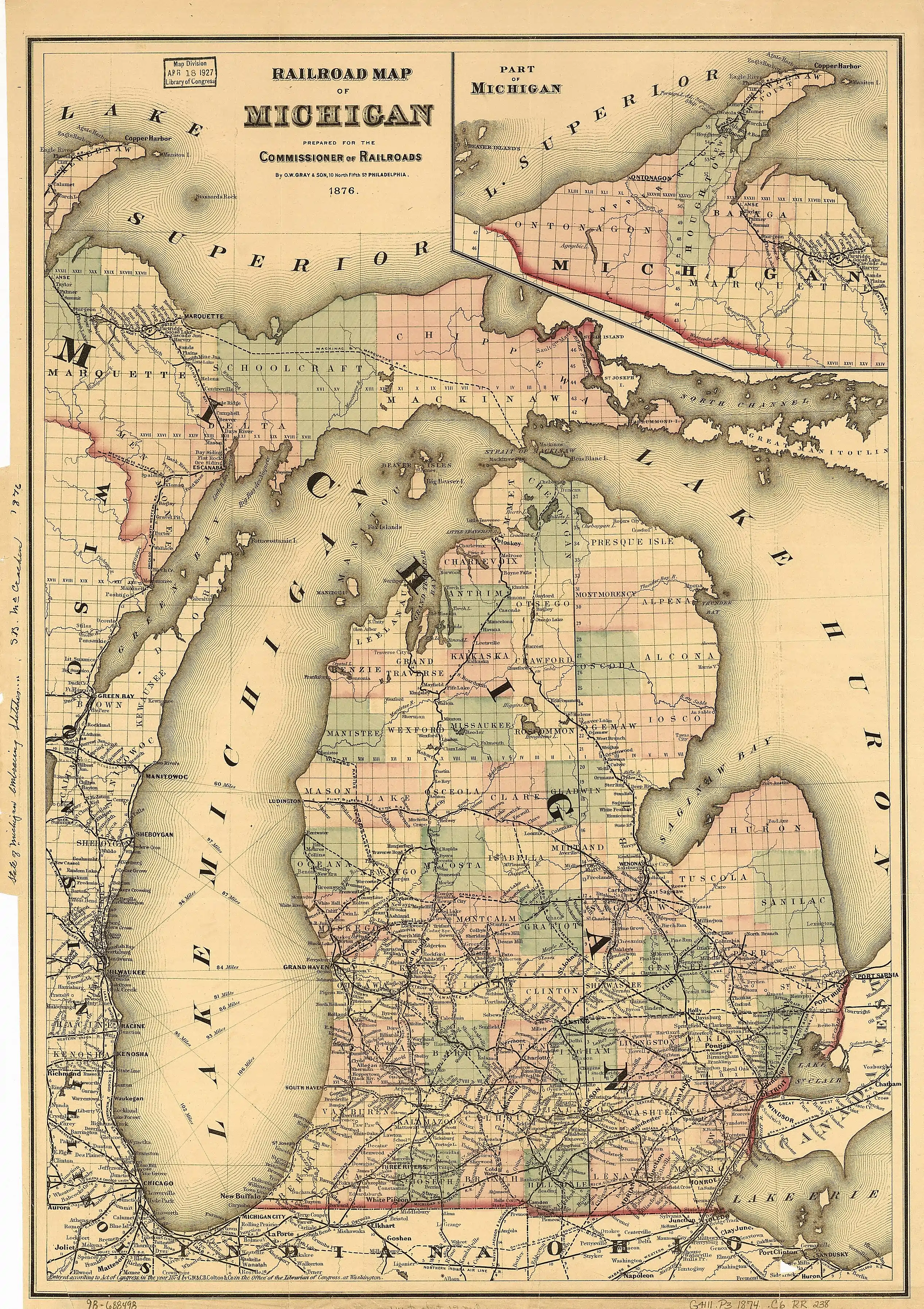 By 1876, the Grand Rapids and Indiana Railroad had built a line north to Petoskey with stops in Boyne Falls and Melrose. This link to cities in lower Michigan brought increased population to Charlevoix County, and new political power to the eastern part of the county.