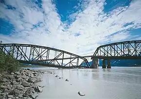 Miles Glacier Bridge, showing earthquake damage and temporary repair, 1984