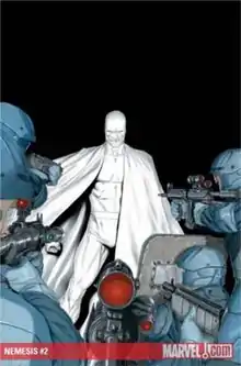 A man in a white costume and cape, confronted by heavily armed police.