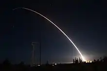 Image 48A Minuteman III ICBM test launch from Vandenberg Air Force Base, United States. MIRVed land-based ICBMs are considered destabilizing because they tend to put a premium on striking first. (from Nuclear weapon)